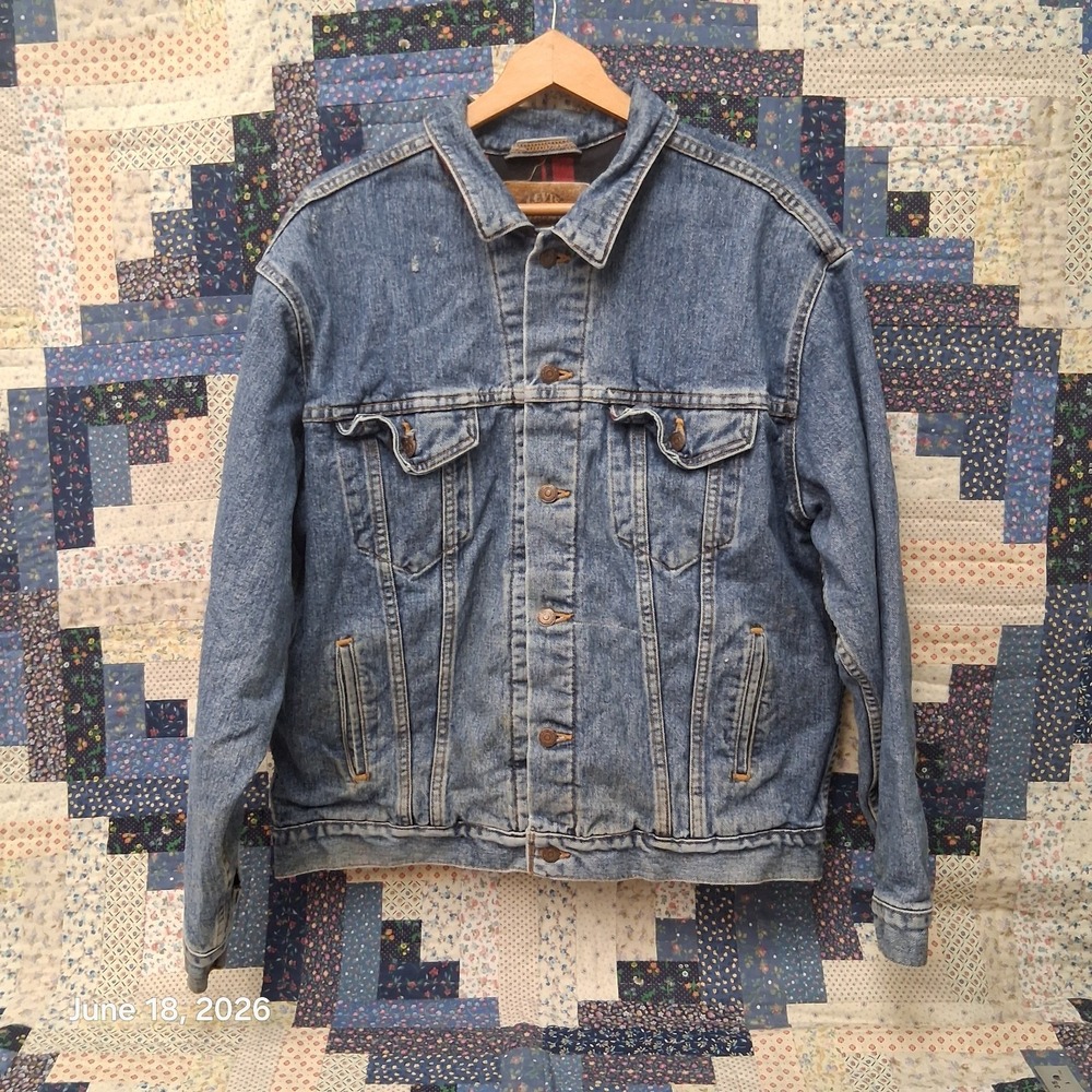 Vintage 1994 Levis Flannel Lined Buffalo Plaid Denim Trucker Jacket Size Large